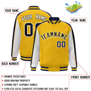 Custom Gold White-Navy Color Block Bomber Varsity Full-Snap Baseball Jacket