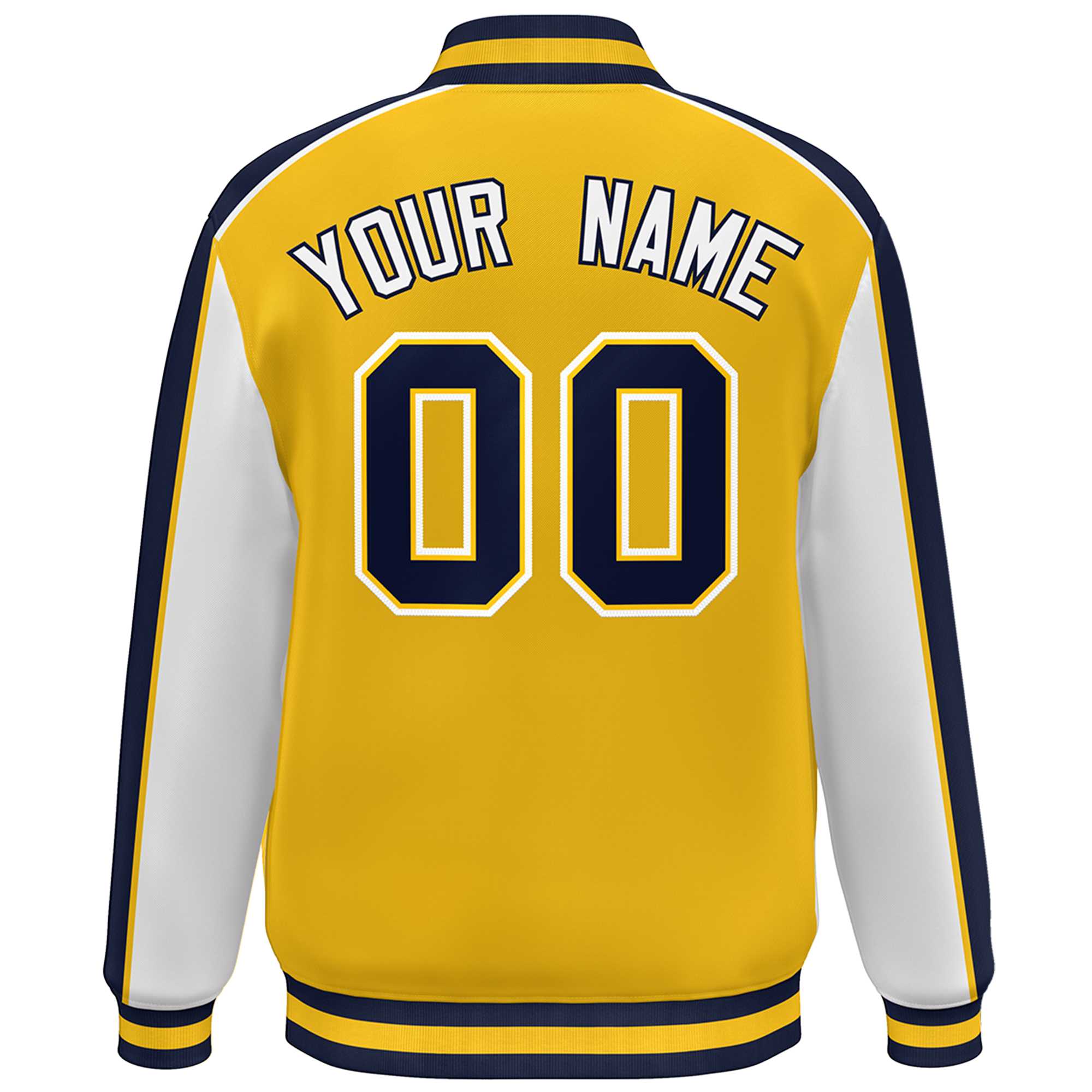 Custom Gold White-Navy Color Block Bomber Varsity Full-Snap Baseball Jacket