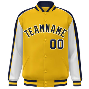 Custom Gold White-Navy Color Block Bomber Varsity Full-Snap Baseball Jacket