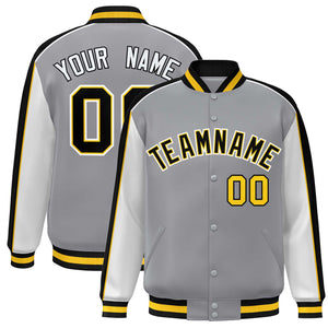 Custom Gray White-Black Color Block Bomber Varsity Full-Snap Baseball Jacket