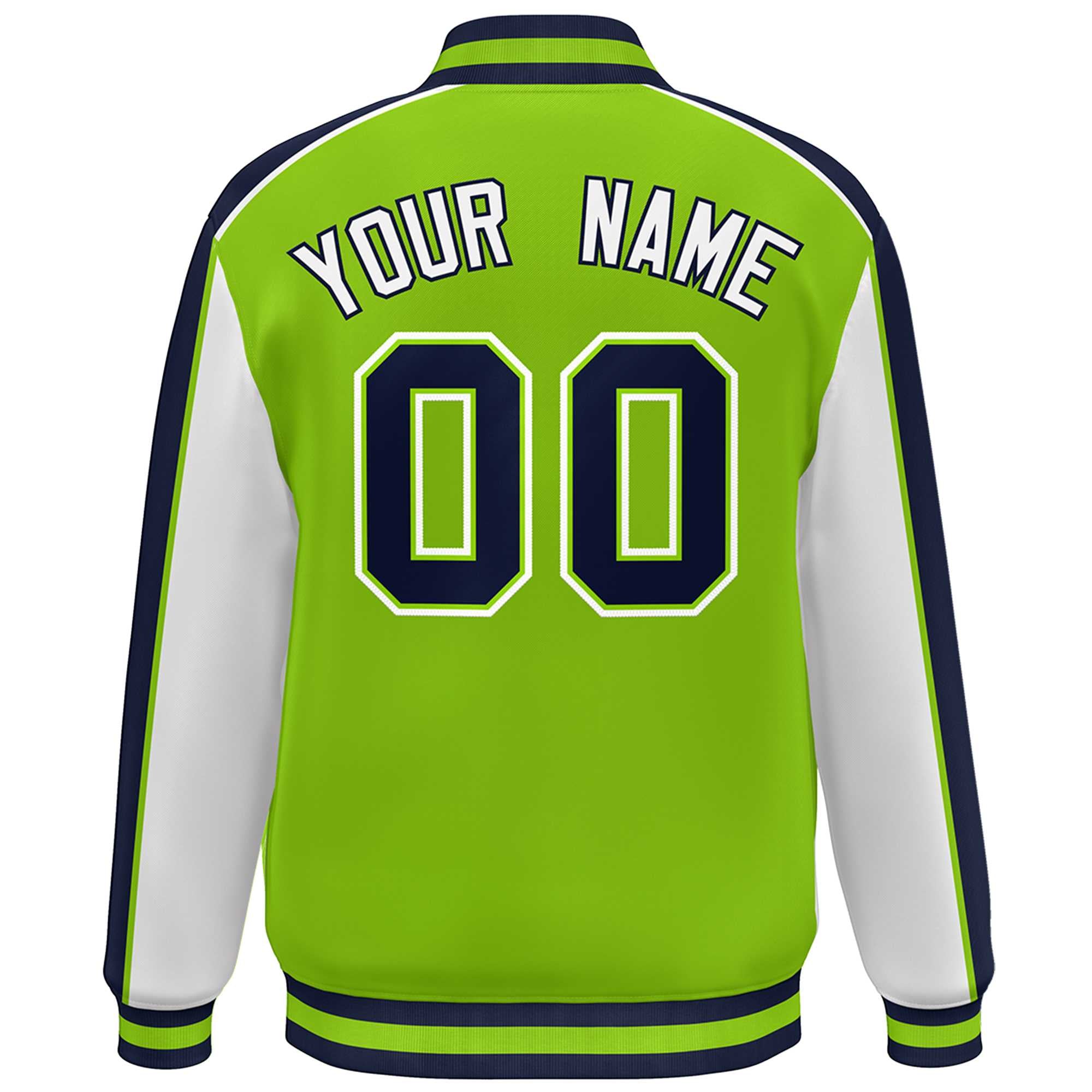 Custom Neon Green White-Navy Color Block Bomber Varsity Full-Snap Baseball Jacket