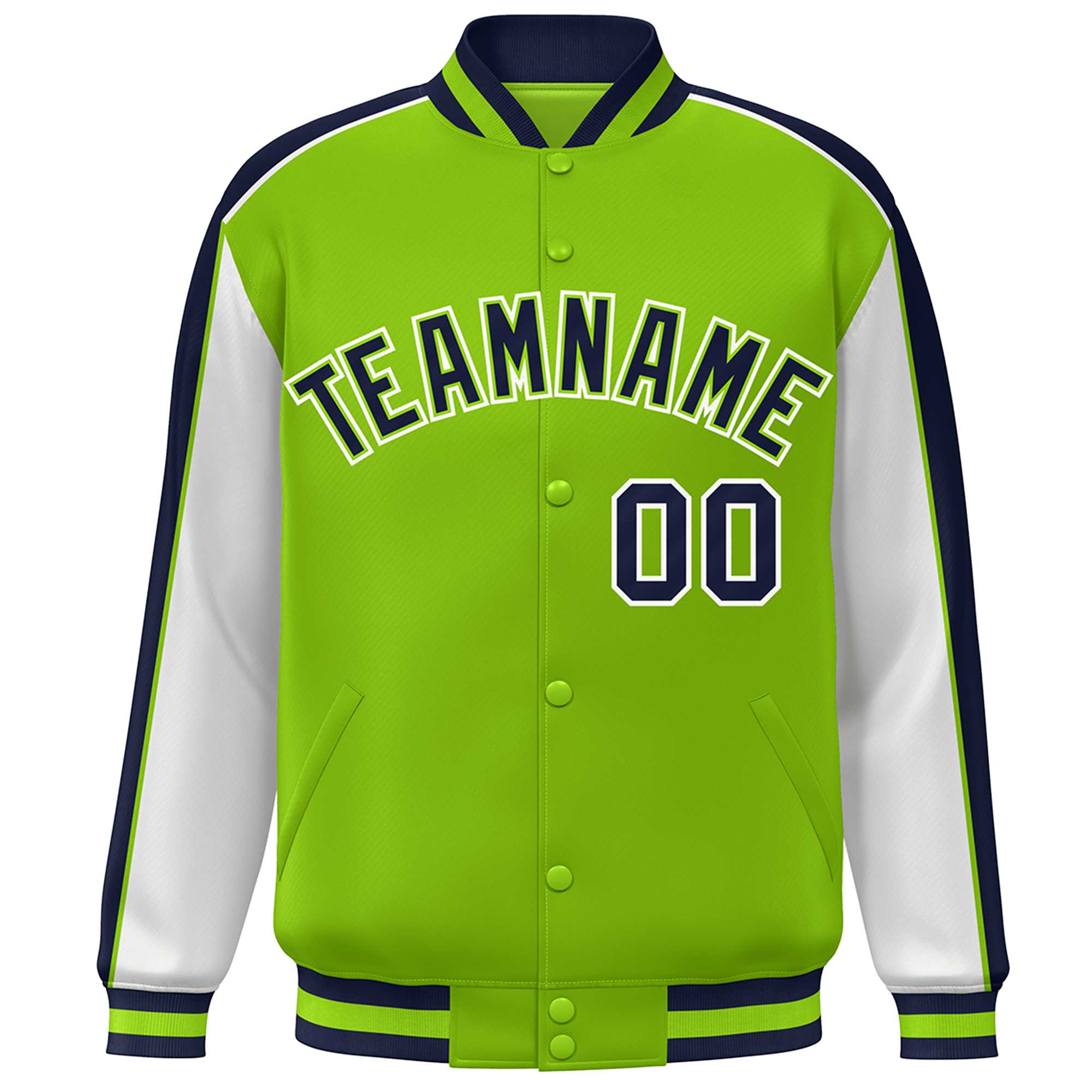 Custom Neon Green White-Navy Color Block Bomber Varsity Full-Snap Baseball Jacket