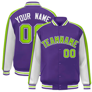 Custom Purple White-Neon Green Color Block Bomber Varsity Full-Snap Baseball Jacket