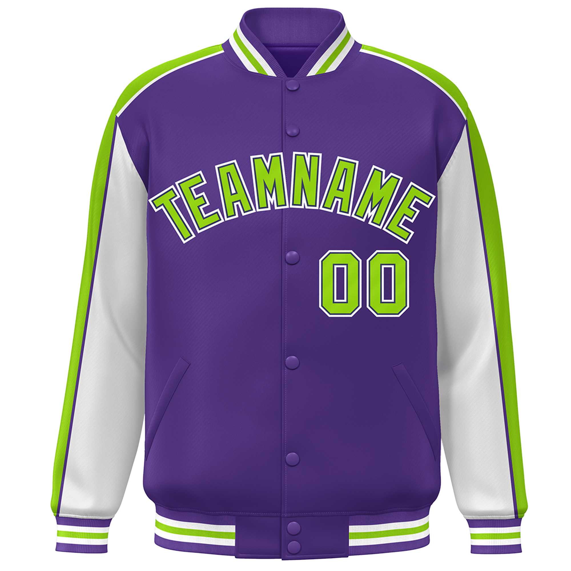 Custom Purple White-Neon Green Color Block Bomber Varsity Full-Snap Baseball Jacket