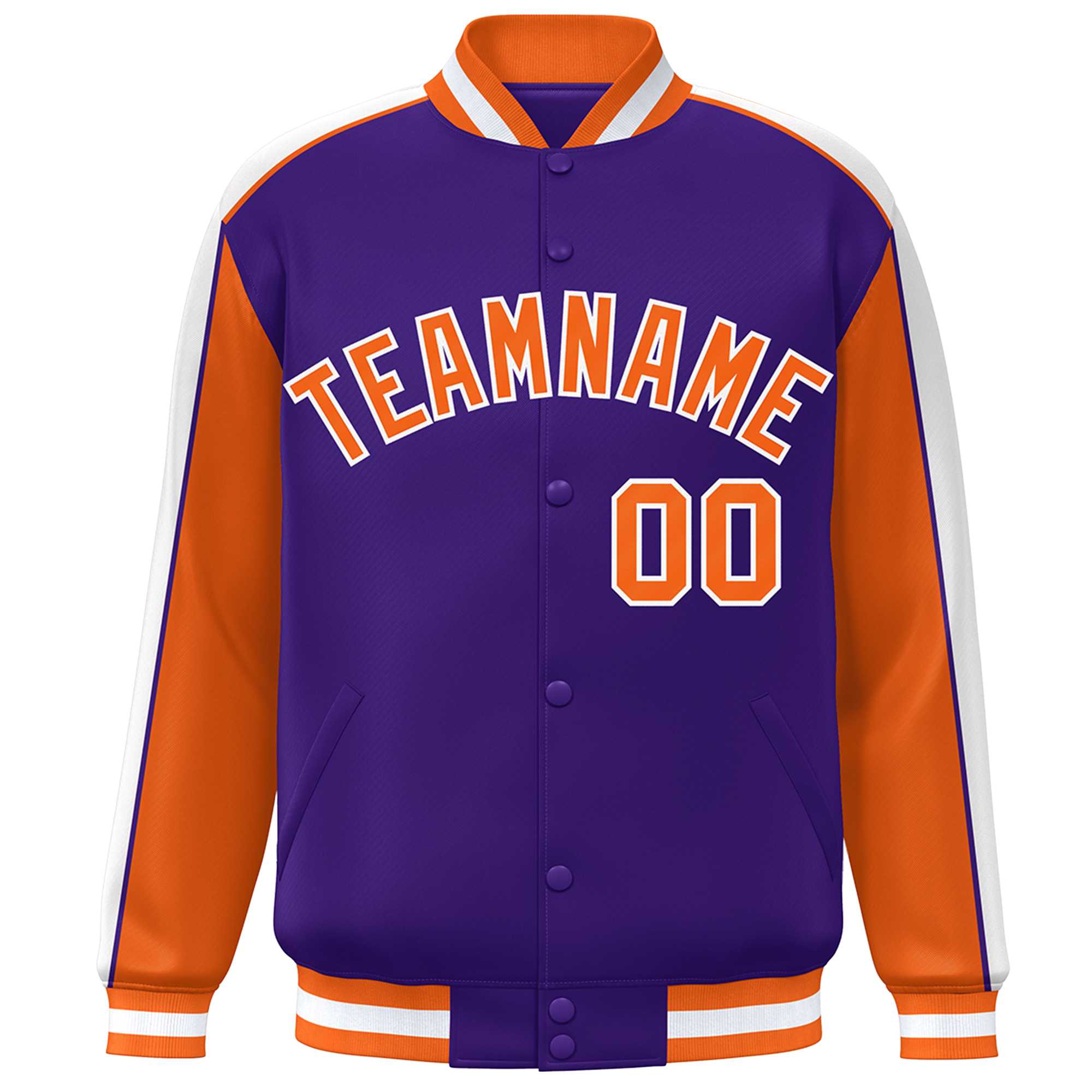 Custom Purple Orange-White Color Block Bomber Varsity Full-Snap Baseball Jacket