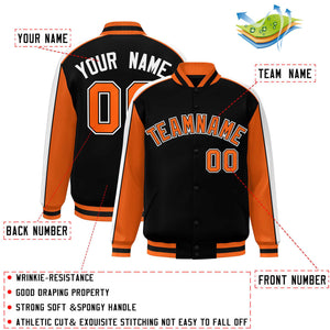 Custom Black Orange-White Color Block Bomber Varsity Full-Snap Baseball Jacket