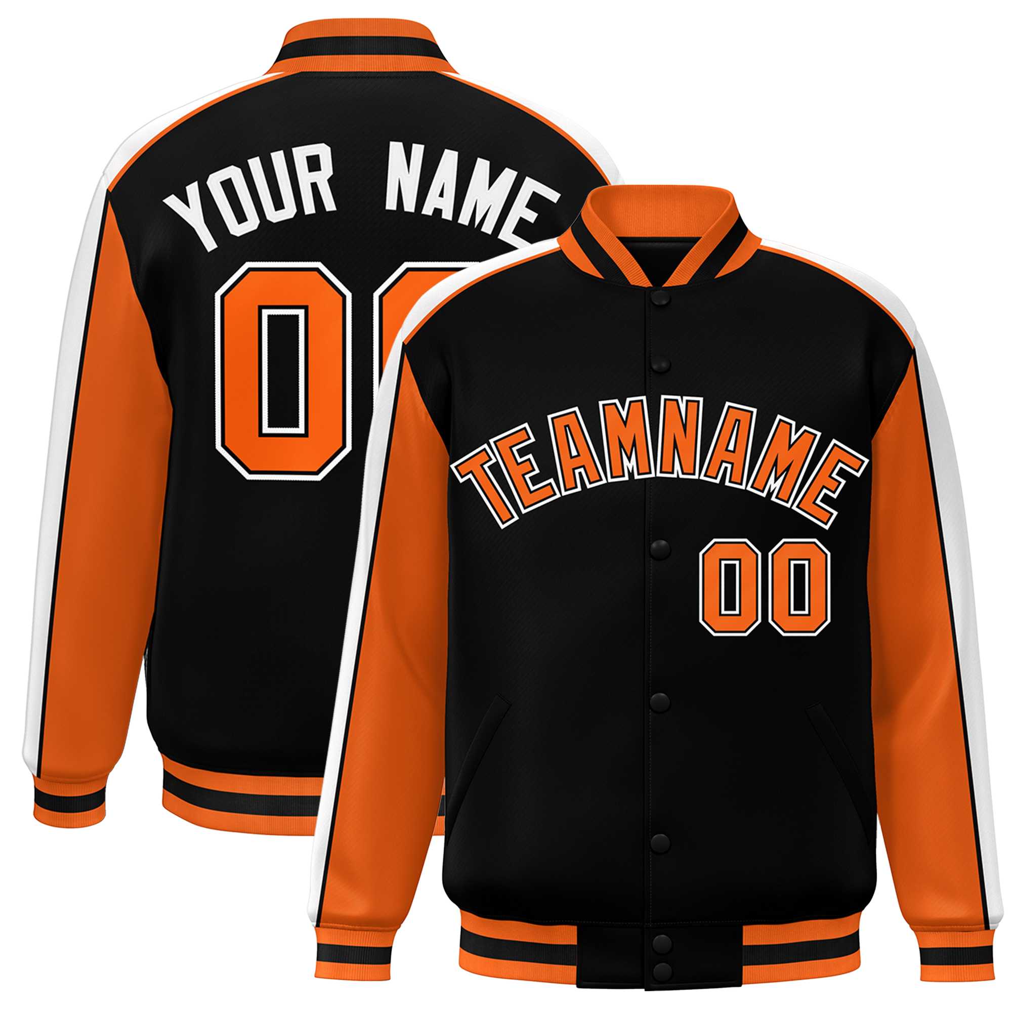 Custom Black Orange-White Color Block Bomber Varsity Full-Snap Baseball Jacket