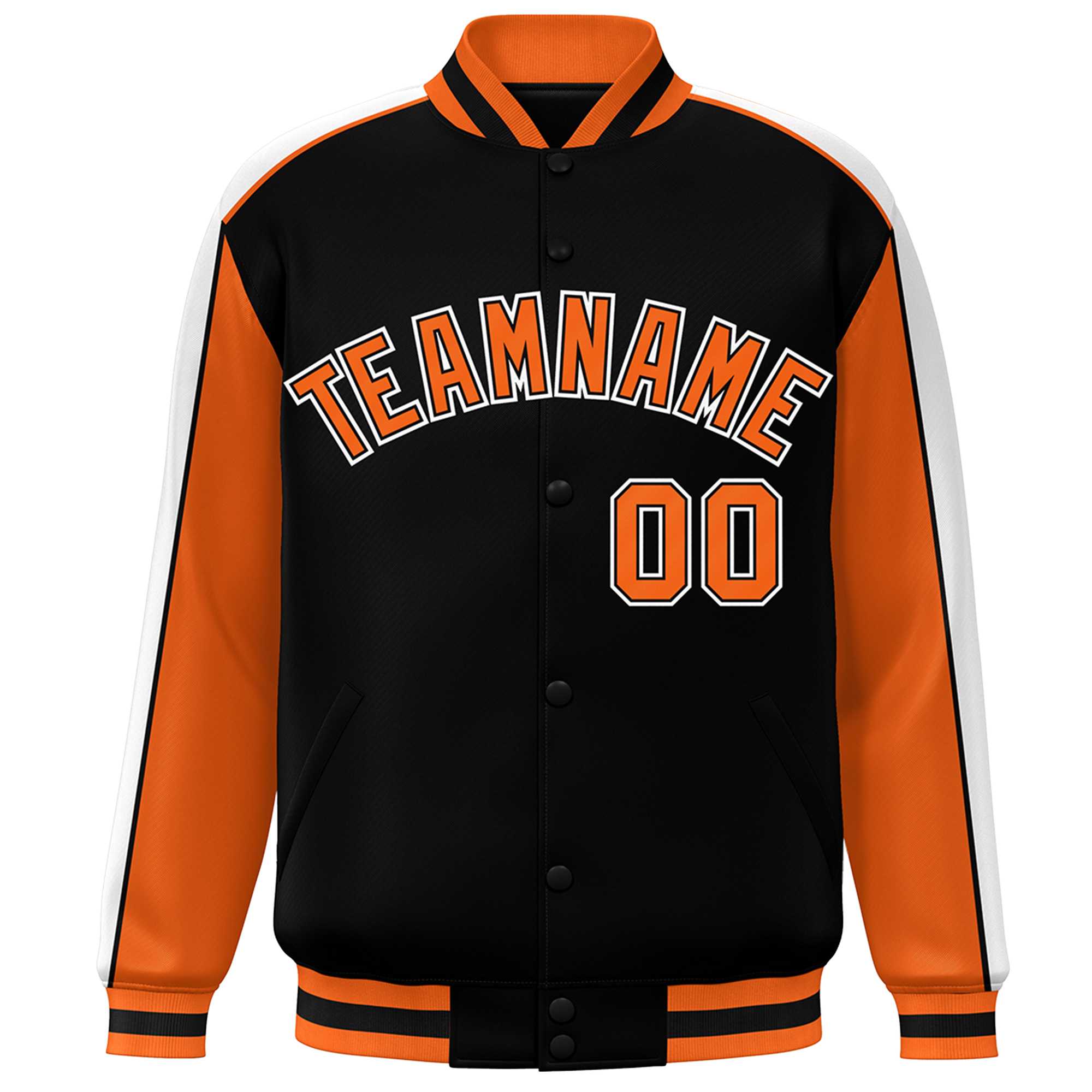 Custom Black Orange-White Color Block Bomber Varsity Full-Snap Baseball Jacket