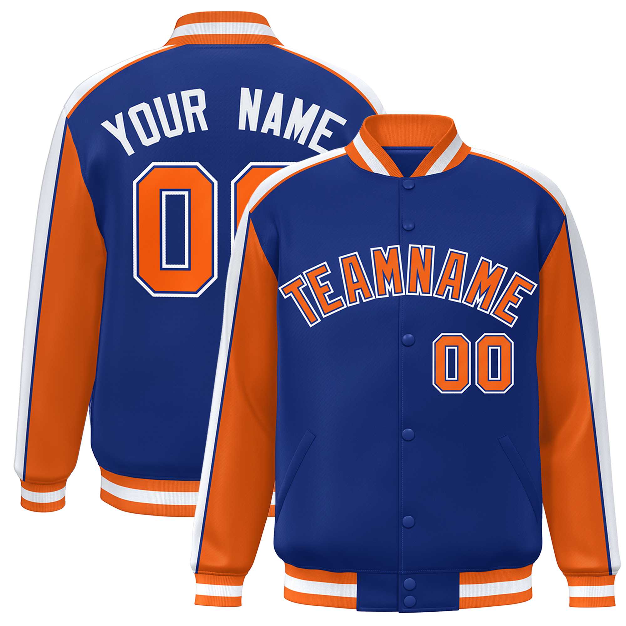 Custom Royal Orange-White Color Block Bomber Varsity Full-Snap Baseball Jacket