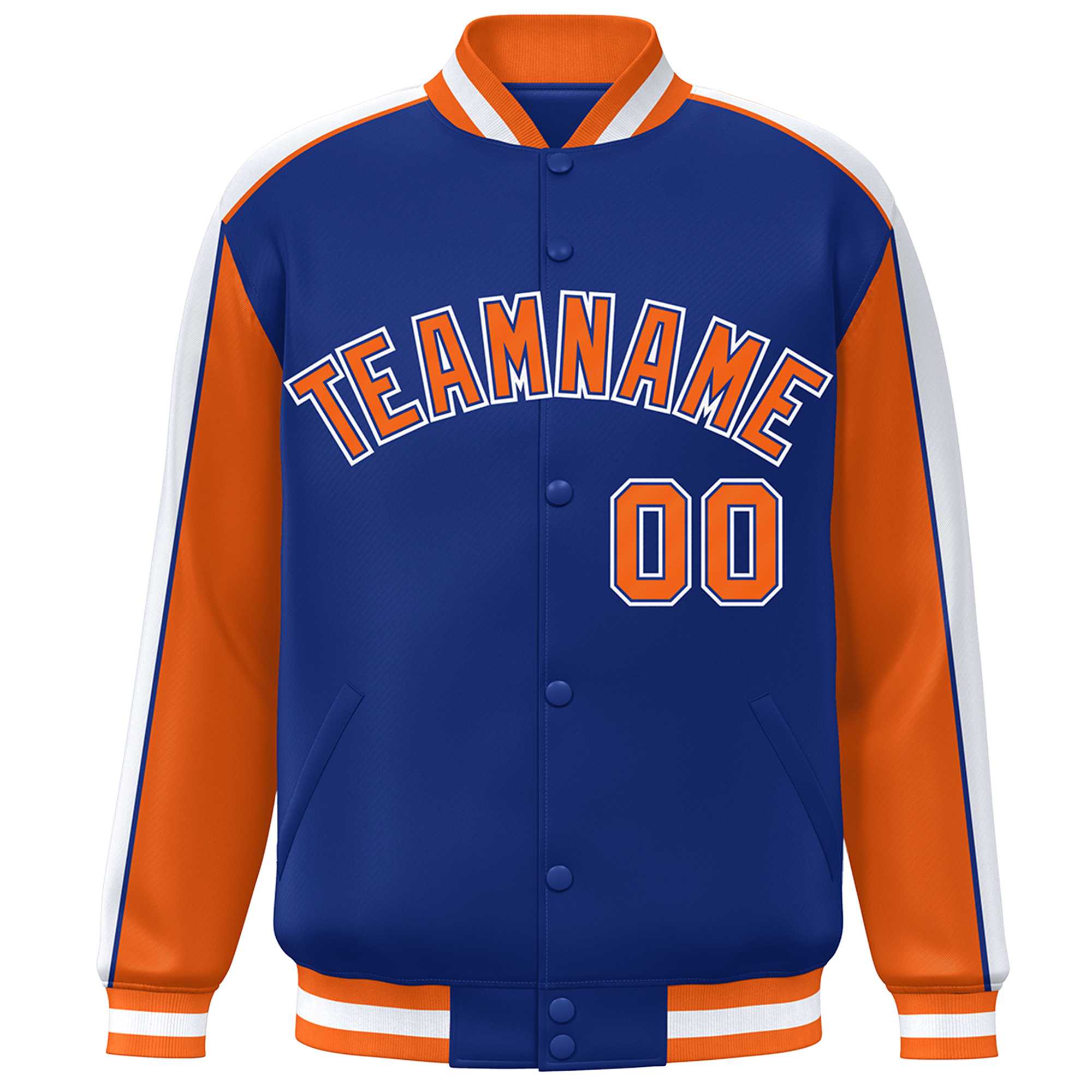 Custom Royal Orange-White Color Block Bomber Varsity Full-Snap Baseball Jacket