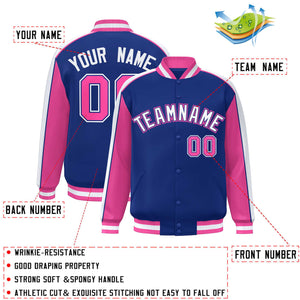 Custom Royal Pink-White Color Block Bomber Varsity Full-Snap Baseball Jacket