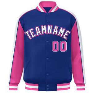 Custom Royal Pink-White Color Block Bomber Varsity Full-Snap Baseball Jacket