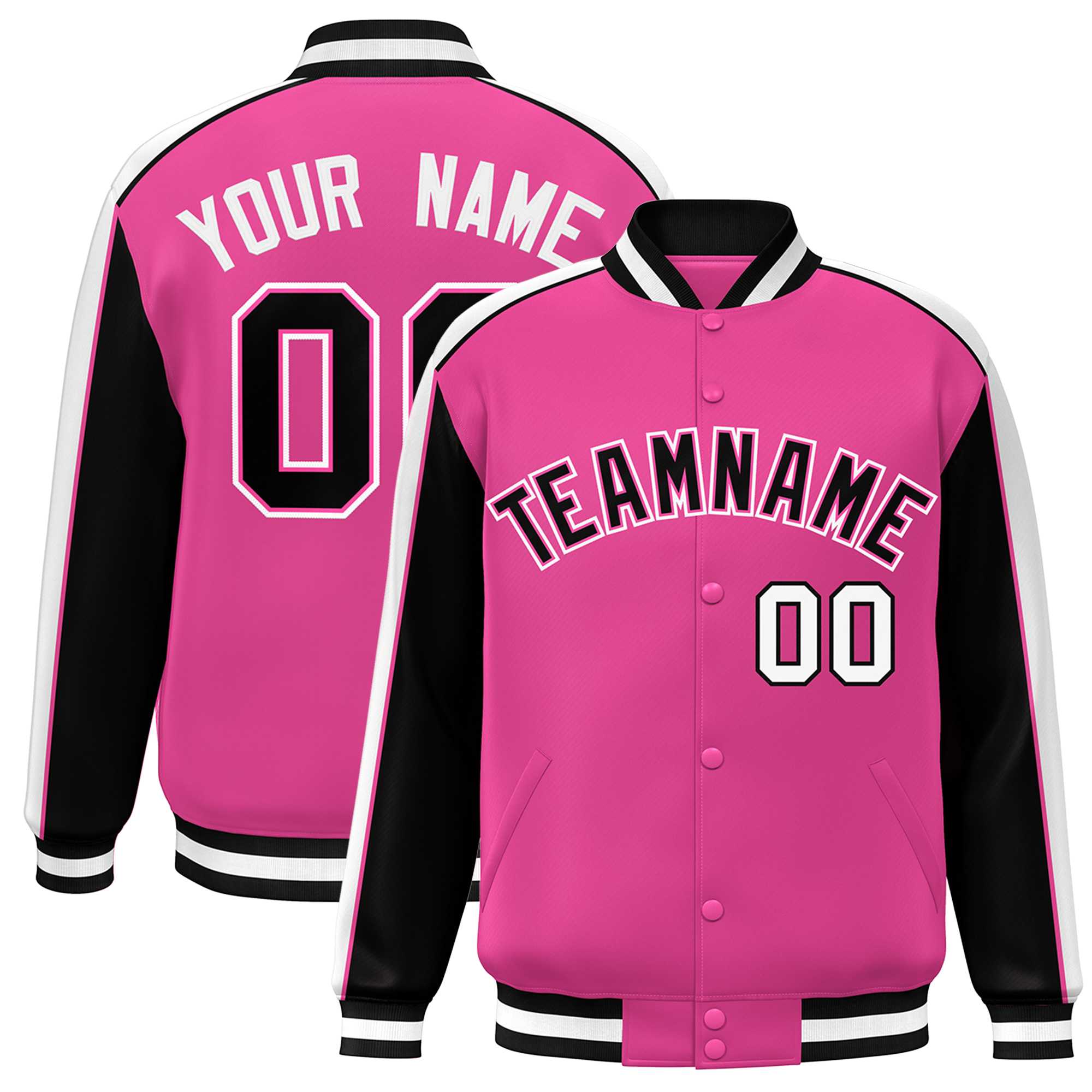 Custom Pink Black-White Color Block Bomber Varsity Full-Snap Baseball Jacket