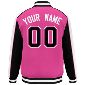 Custom Pink Black-White Color Block Bomber Varsity Full-Snap Baseball Jacket