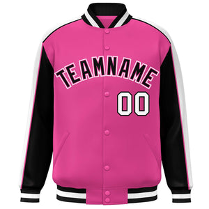 Custom Pink Black-White Color Block Bomber Varsity Full-Snap Baseball Jacket