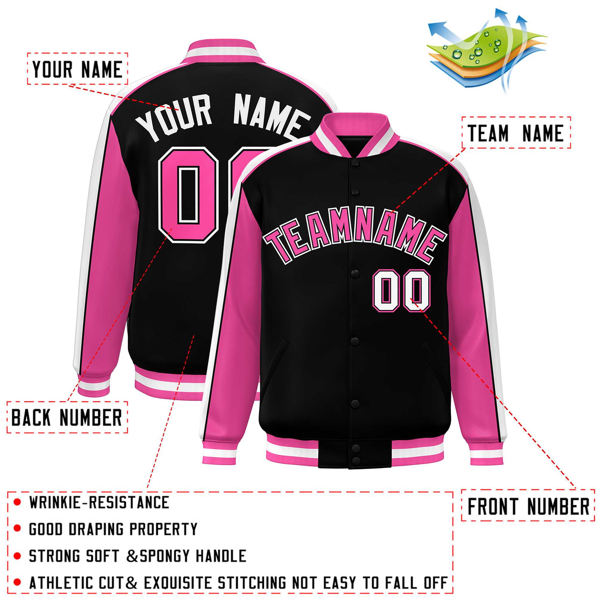 Custom Black Pink-White Color Block Bomber Varsity Full-Snap Baseball Jacket