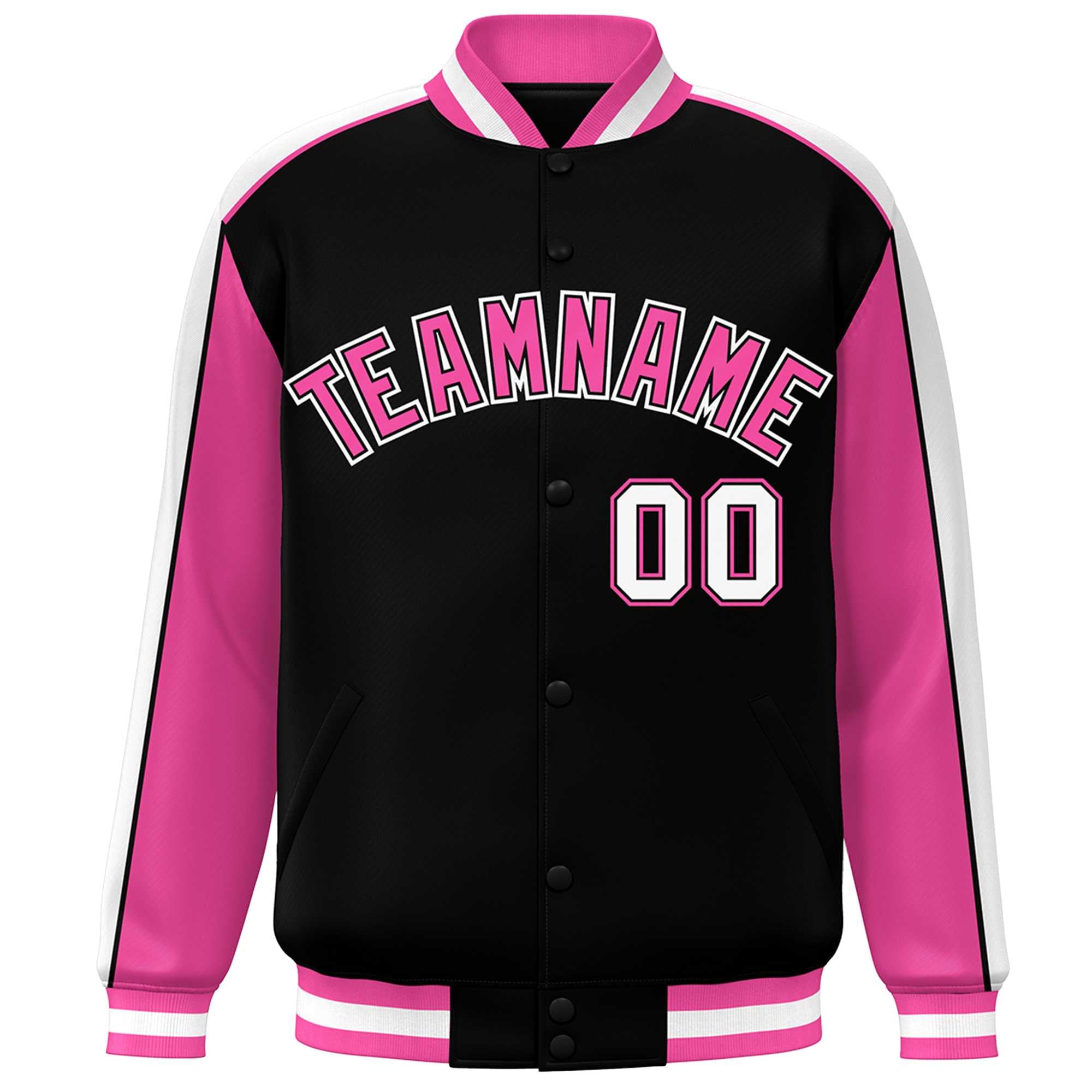 Custom Black Pink-White Color Block Bomber Varsity Full-Snap Baseball Jacket