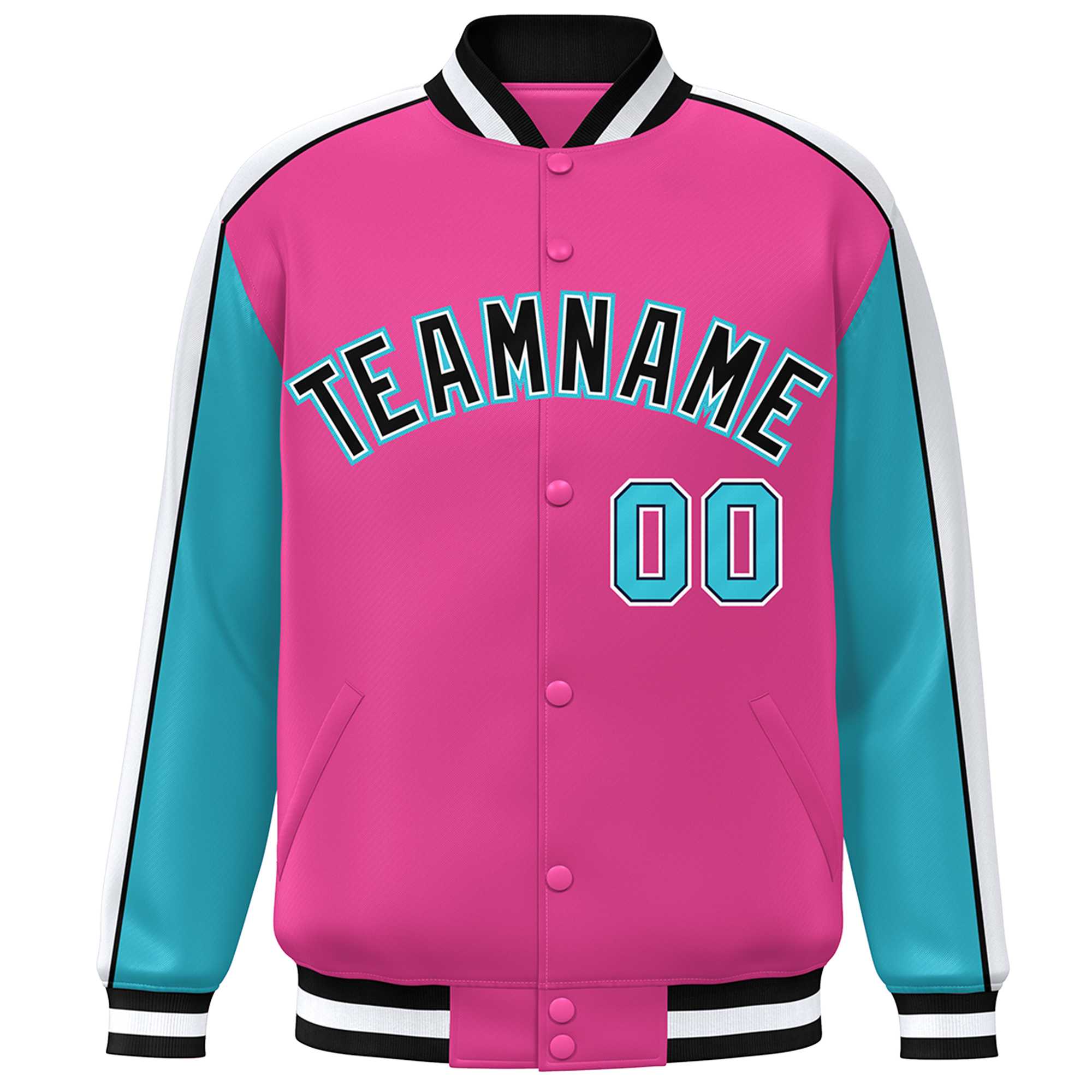 Custom Pink Aqua-White Color Block Bomber Varsity Full-Snap Baseball Jacket