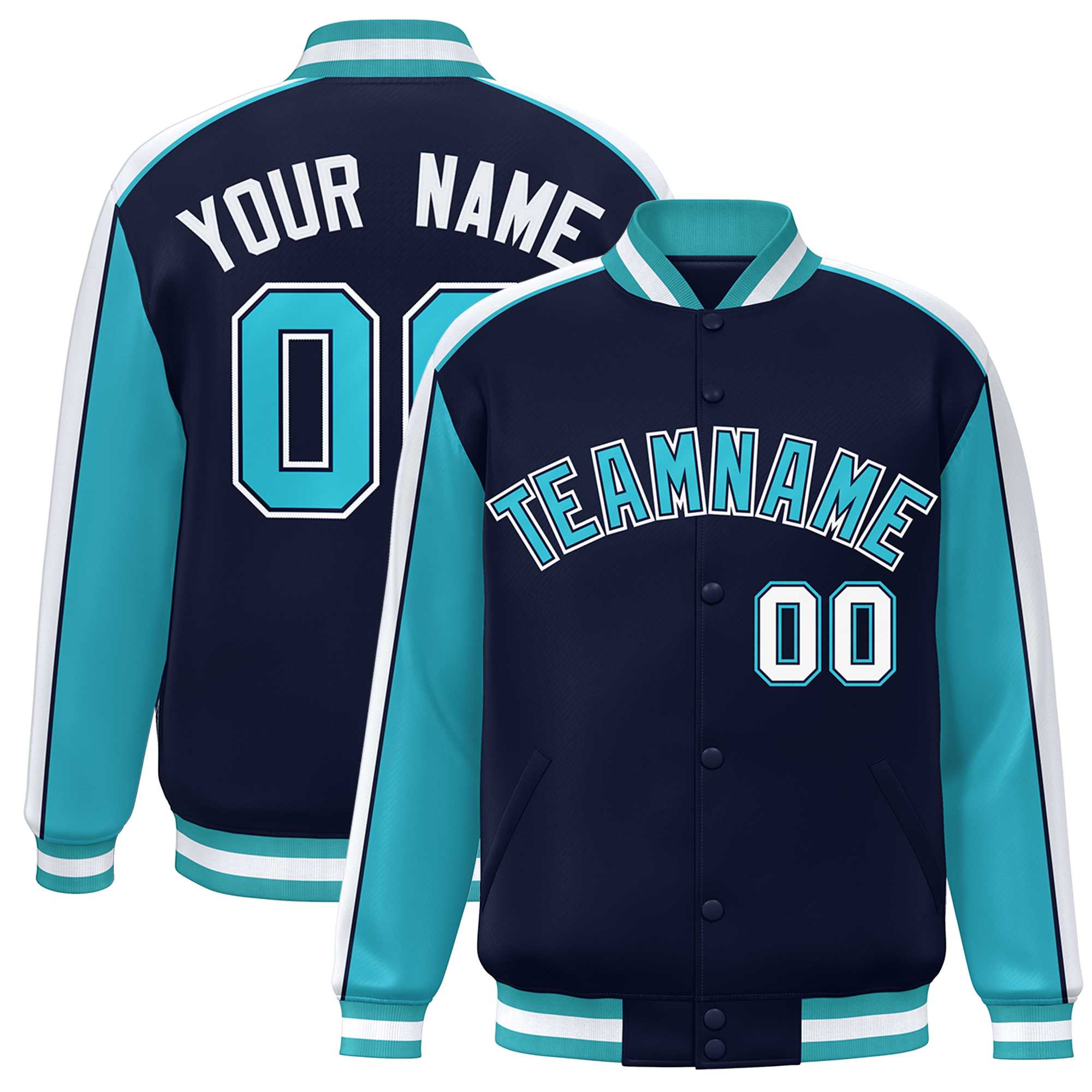 Custom Navy Aqua-White Color Block Bomber Varsity Full-Snap Baseball Jacket