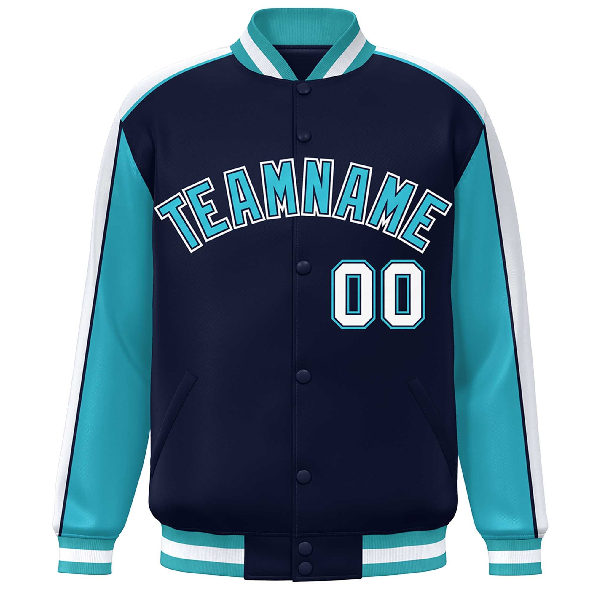 Custom Navy Aqua-White Color Block Bomber Varsity Full-Snap Baseball Jacket