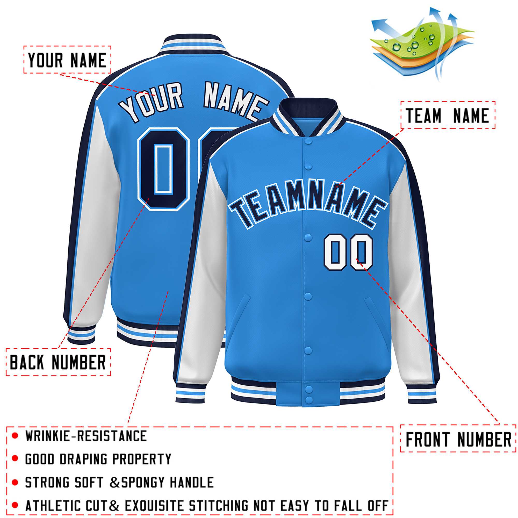 Custom Powder Blue White-Navy Color Block Bomber Varsity Full-Snap Baseball Jacket