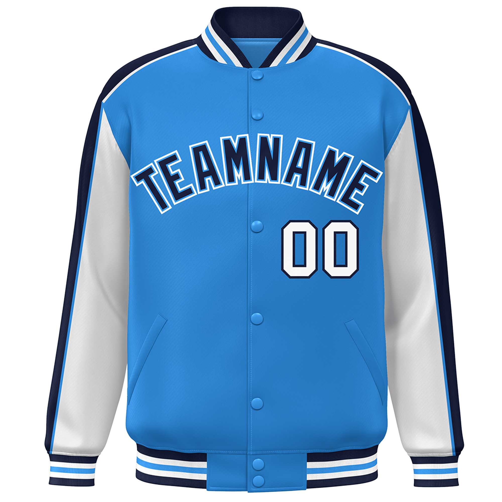 Custom Powder Blue White-Navy Color Block Bomber Varsity Full-Snap Baseball Jacket