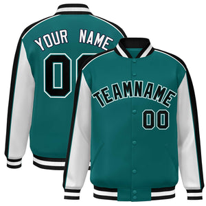 Custom Aqua White-Black Color Block Bomber Varsity Full-Snap Baseball Jacket