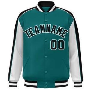 Custom Aqua White-Black Color Block Bomber Varsity Full-Snap Baseball Jacket