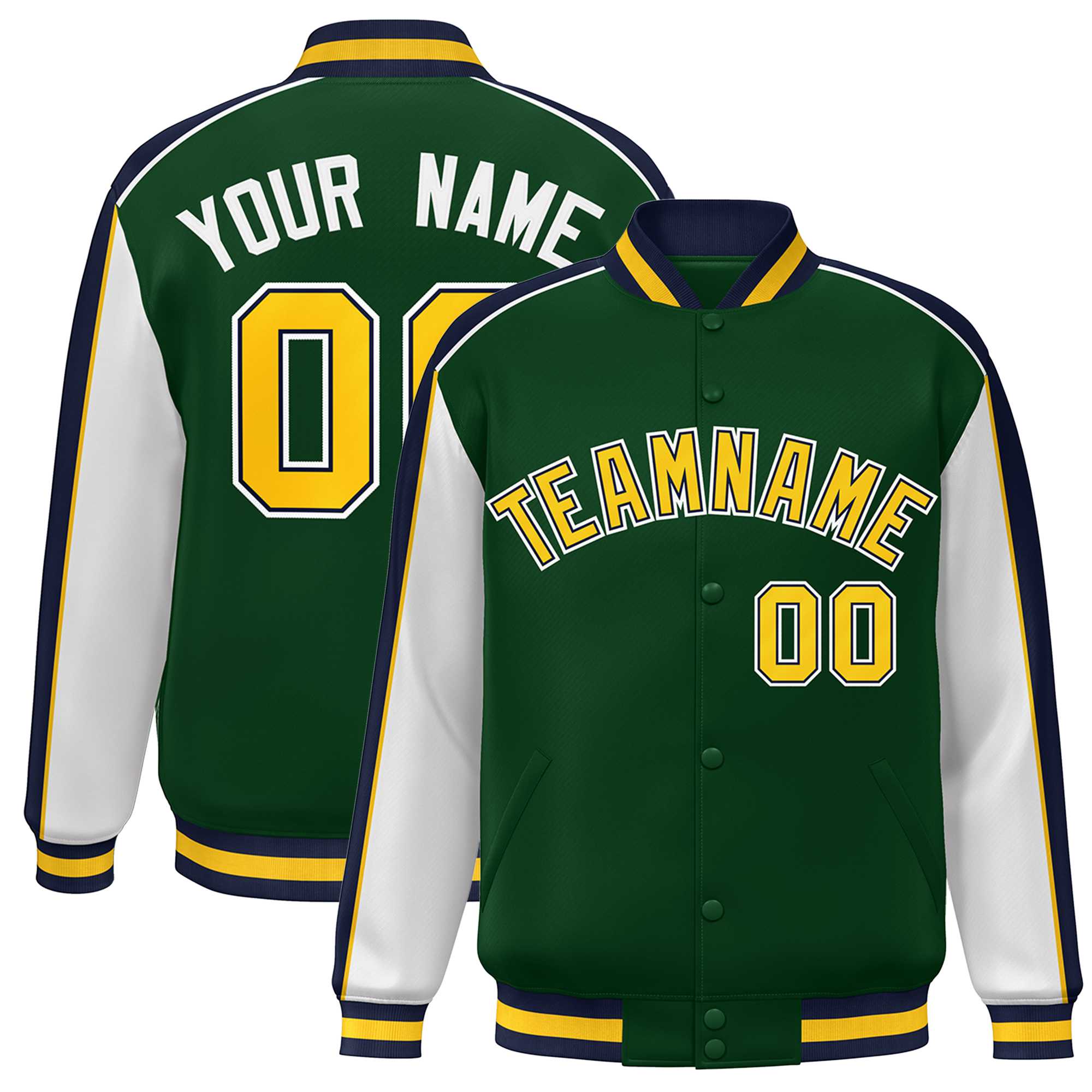 Custom Green White-Navy Color Block Bomber Varsity Full-Snap Baseball Jacket