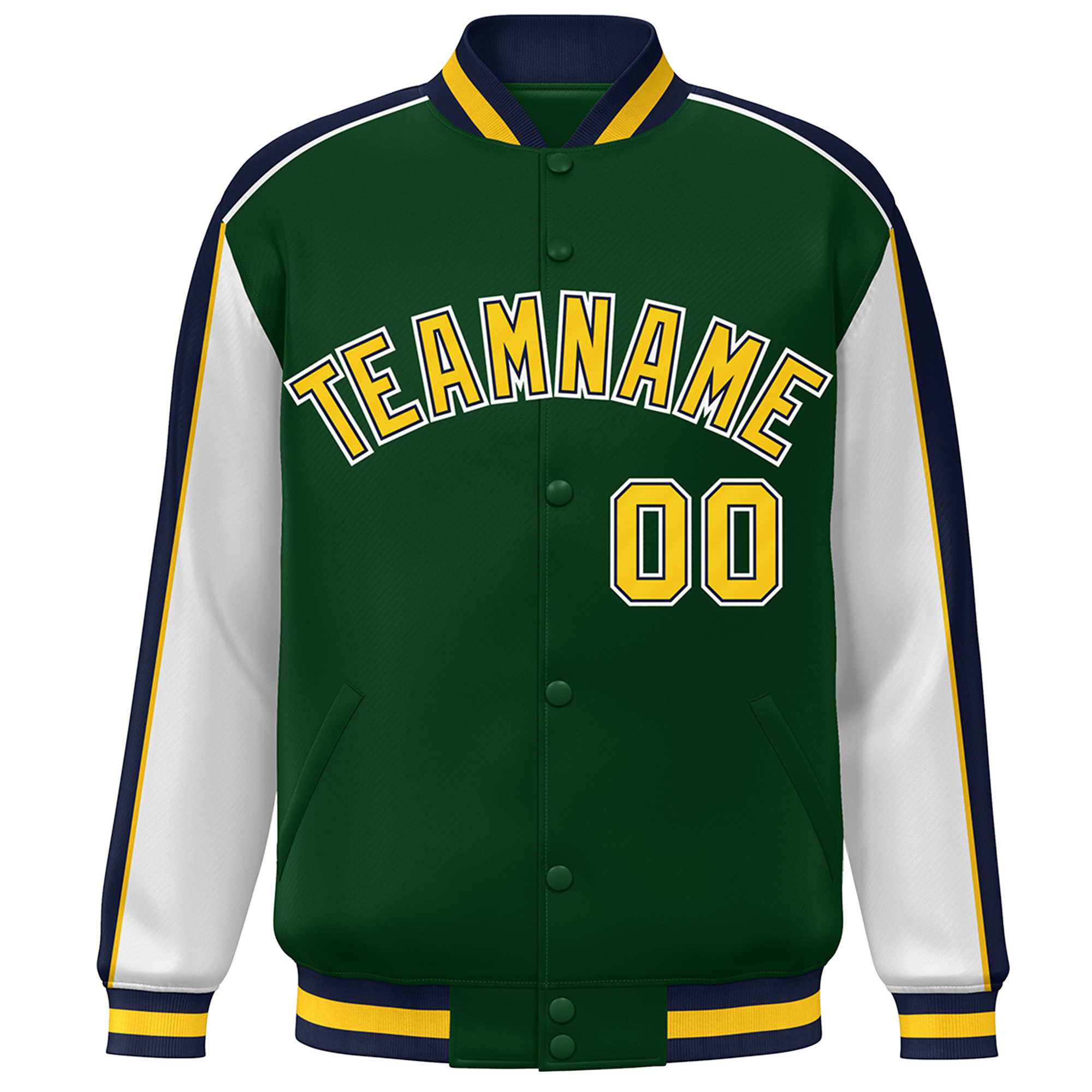 Custom Green White-Navy Color Block Bomber Varsity Full-Snap Baseball Jacket