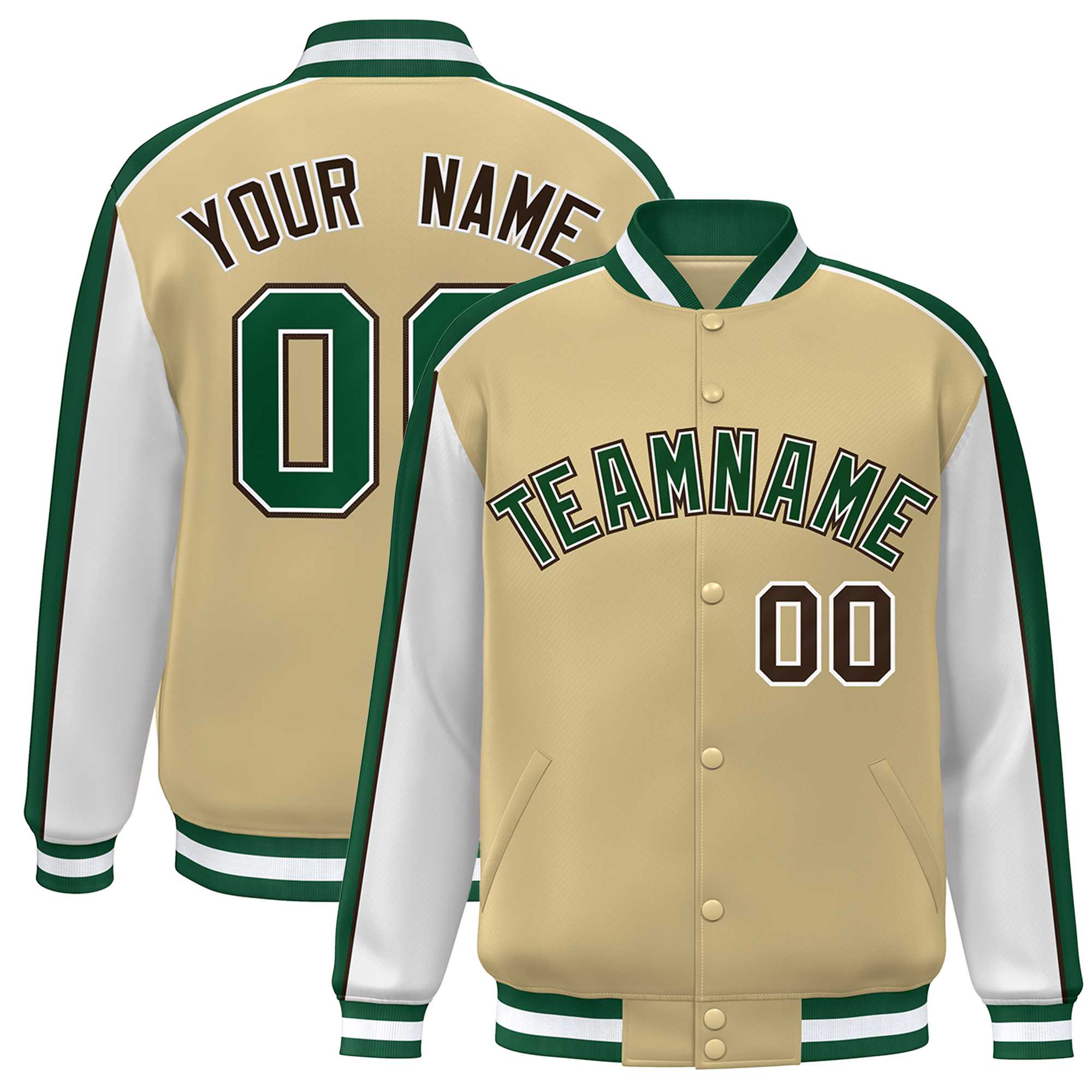 Custom Khaki White-Green Color Block Bomber Varsity Full-Snap Baseball Jacket