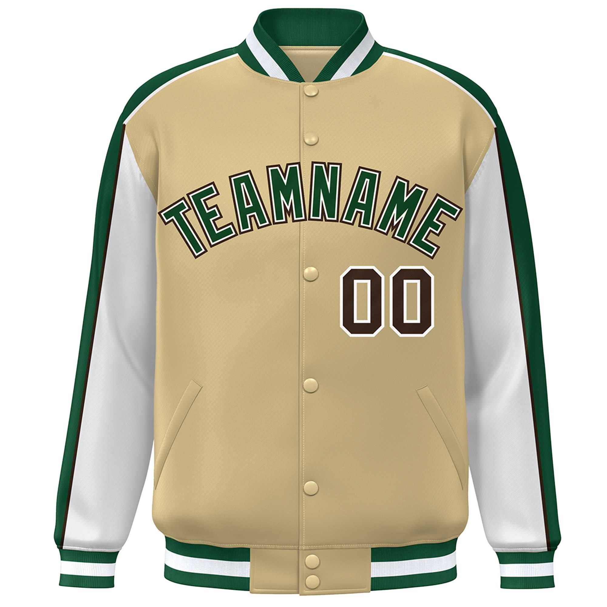 Custom Khaki White-Green Color Block Bomber Varsity Full-Snap Baseball Jacket