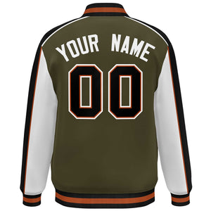 Custom Olive White-Black Color Block Bomber Varsity Full-Snap Baseball Jacket