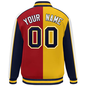 Custom Gold Red Navy-White Color Block Bomber Varsity Full-Snap Baseball Jacket