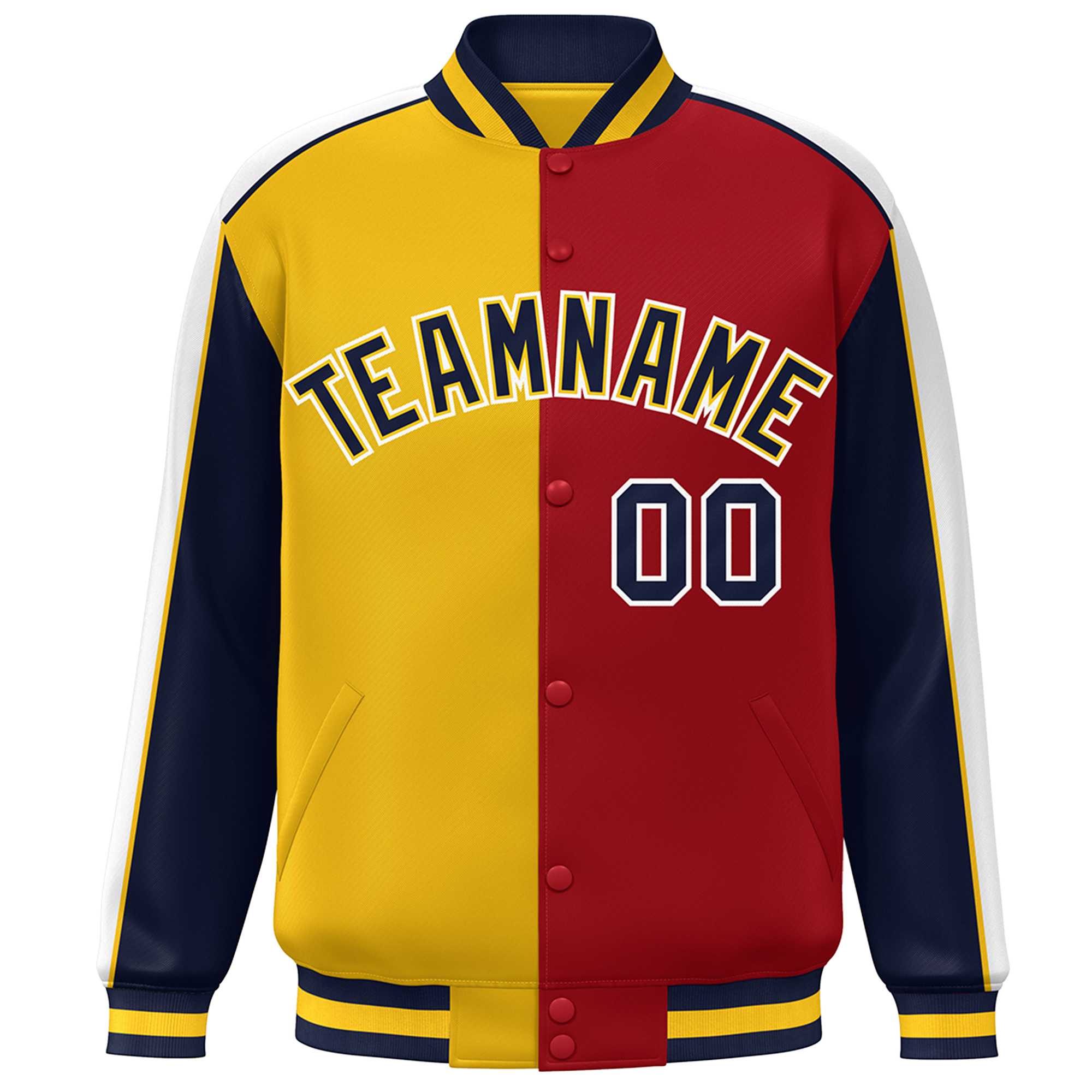 Custom Gold Red Navy-White Color Block Bomber Varsity Full-Snap Baseball Jacket