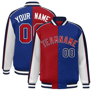 Custom Red Royal White-Navy Color Block Bomber Varsity Full-Snap Baseball Jacket