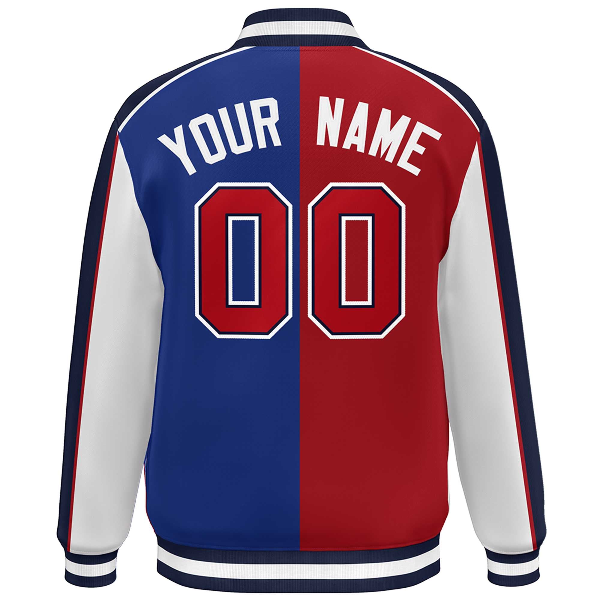 Custom Red Royal White-Navy Color Block Bomber Varsity Full-Snap Baseball Jacket