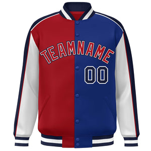 Custom Red Royal White-Navy Color Block Bomber Varsity Full-Snap Baseball Jacket