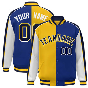 Custom Gold Royal White-Navy Color Block Bomber Varsity Full-Snap Baseball Jacket