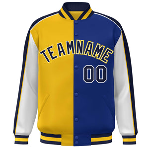 Custom Gold Royal White-Navy Color Block Bomber Varsity Full-Snap Baseball Jacket