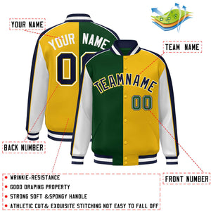 Custom Green Gold White-Navy Color Block Bomber Varsity Full-Snap Baseball Jacket