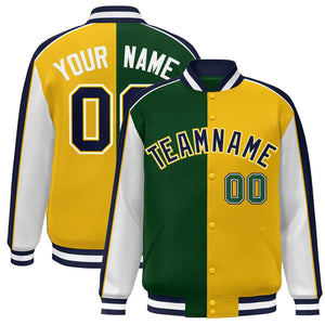 Custom Green Gold White-Navy Color Block Bomber Varsity Full-Snap Baseball Jacket