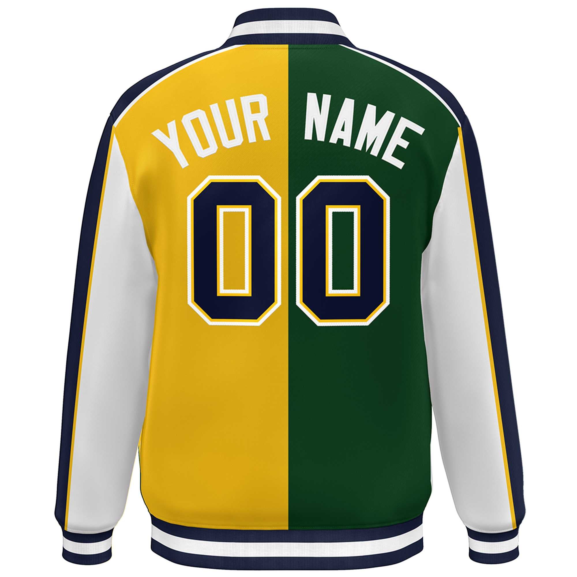 Custom Green Gold White-Navy Color Block Bomber Varsity Full-Snap Baseball Jacket