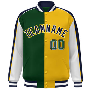 Custom Green Gold White-Navy Color Block Bomber Varsity Full-Snap Baseball Jacket