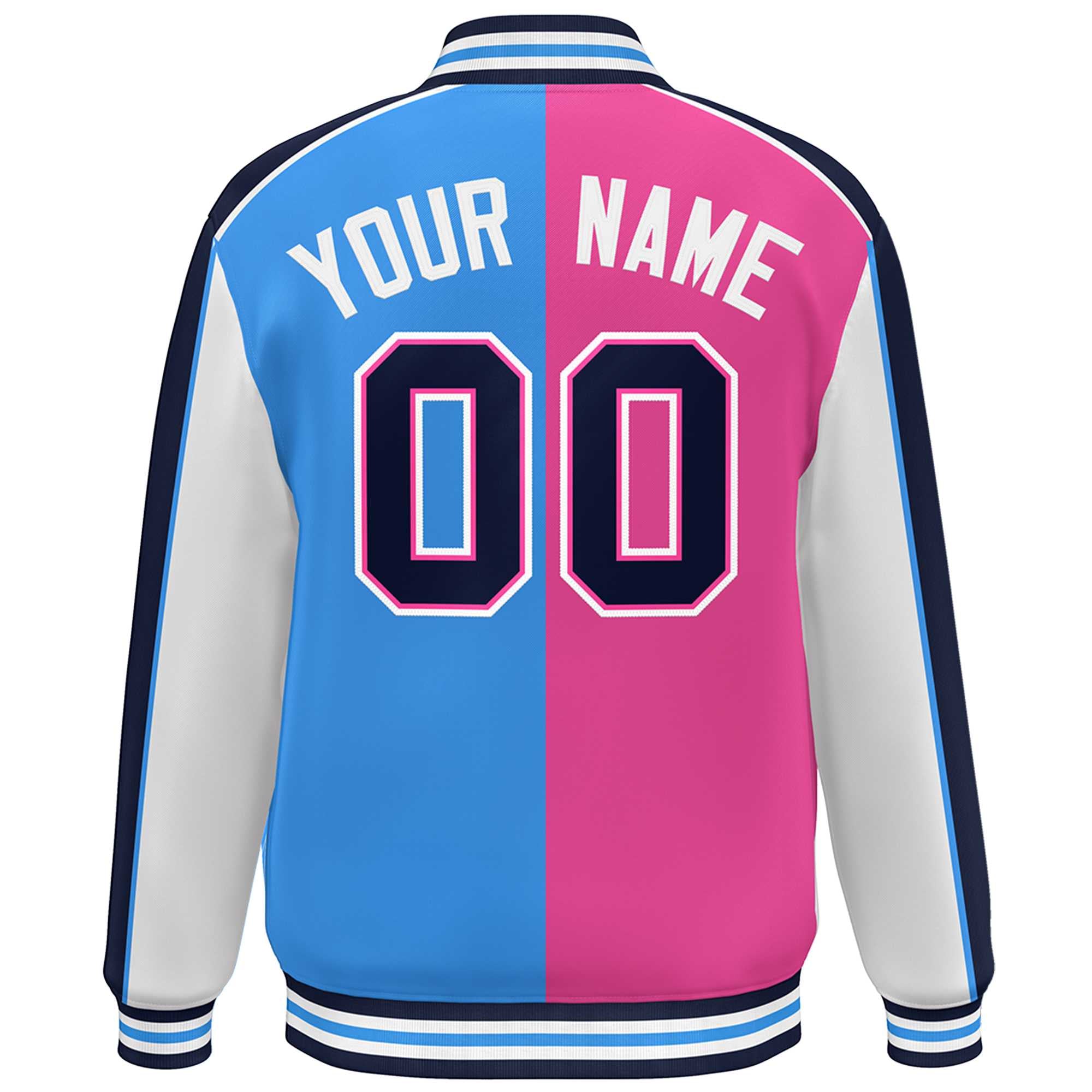 Custom Pink Powder Blue White-Navy Color Block Bomber Varsity Full-Snap Baseball Jacket