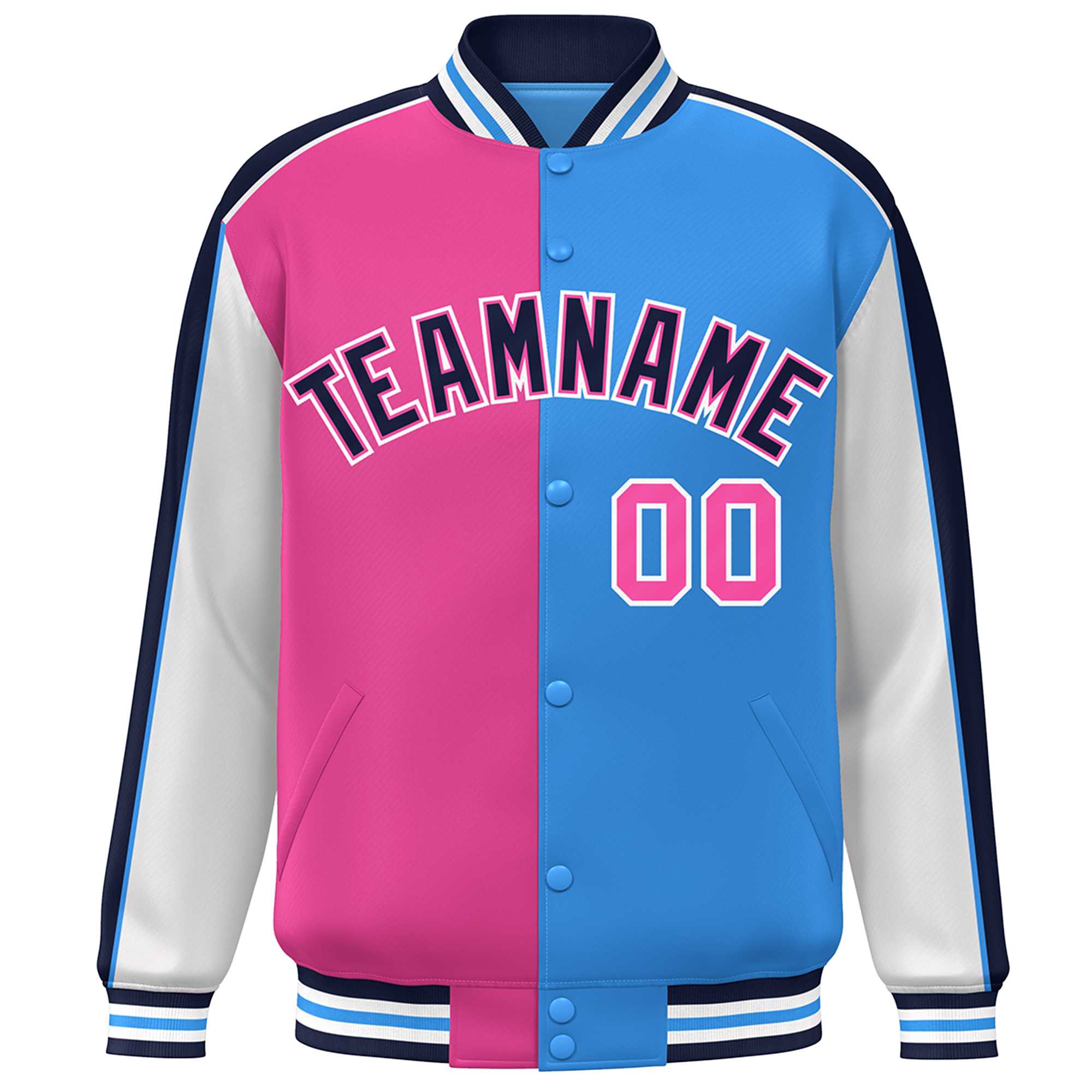 Custom Pink Powder Blue White-Navy Color Block Bomber Varsity Full-Snap Baseball Jacket