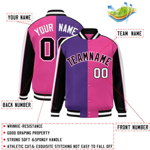 Custom Purple Pink Black-White Color Block Bomber Varsity Full-Snap Baseball Jacket