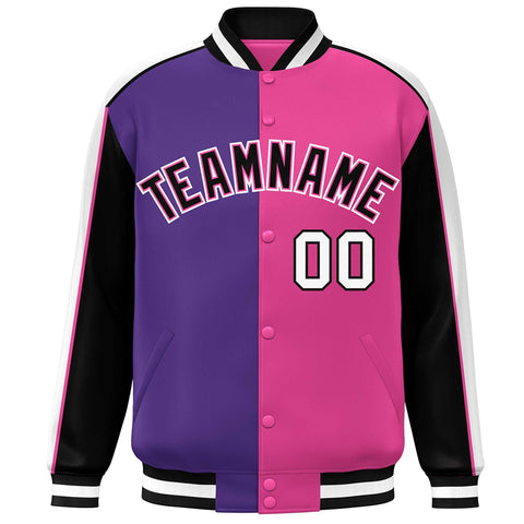 Custom Purple Pink Black-White Color Block Bomber Varsity Full-Snap Baseball Jacket
