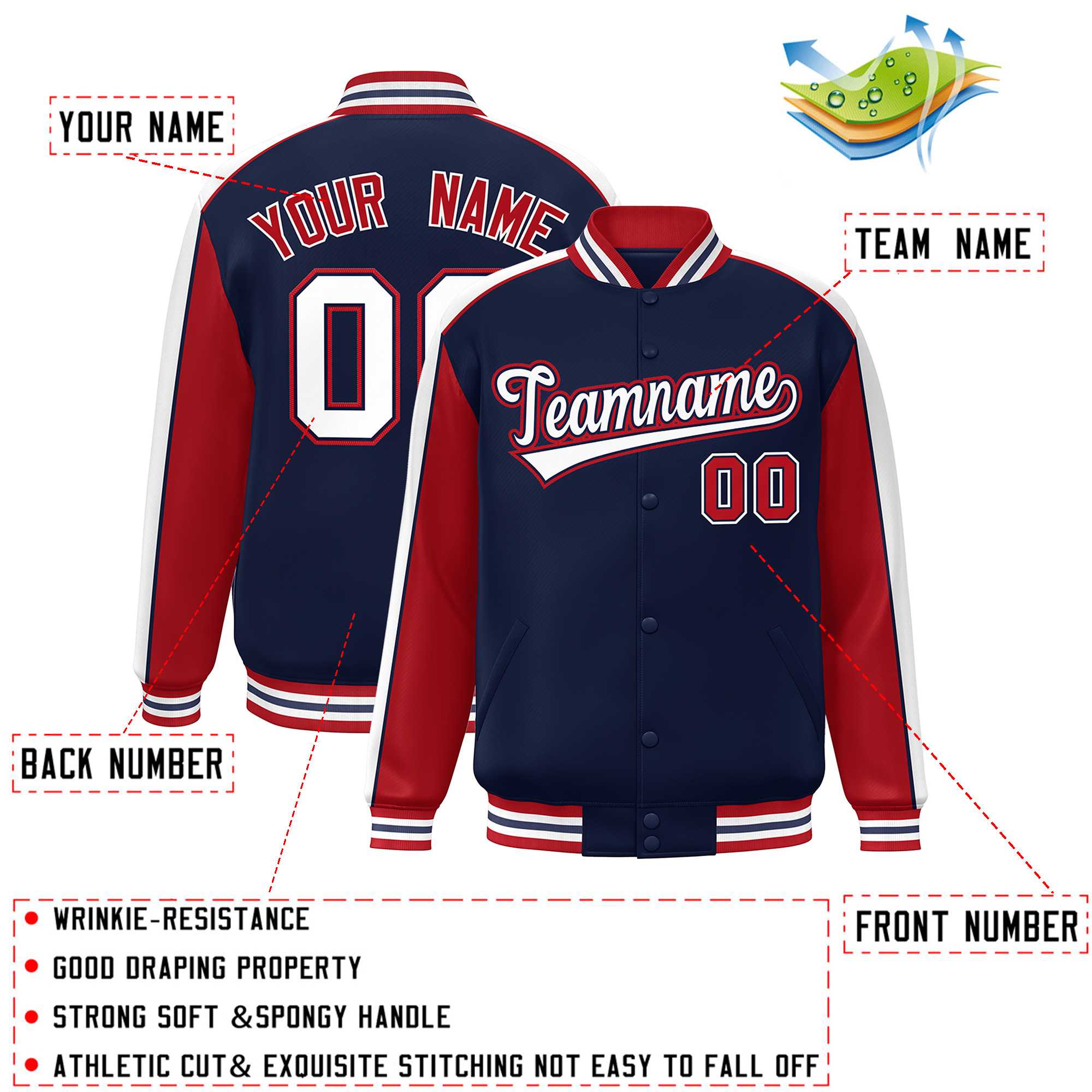 Custom Navy Red-White Color Block Bomber Varsity Full-Snap Baseball Jacket