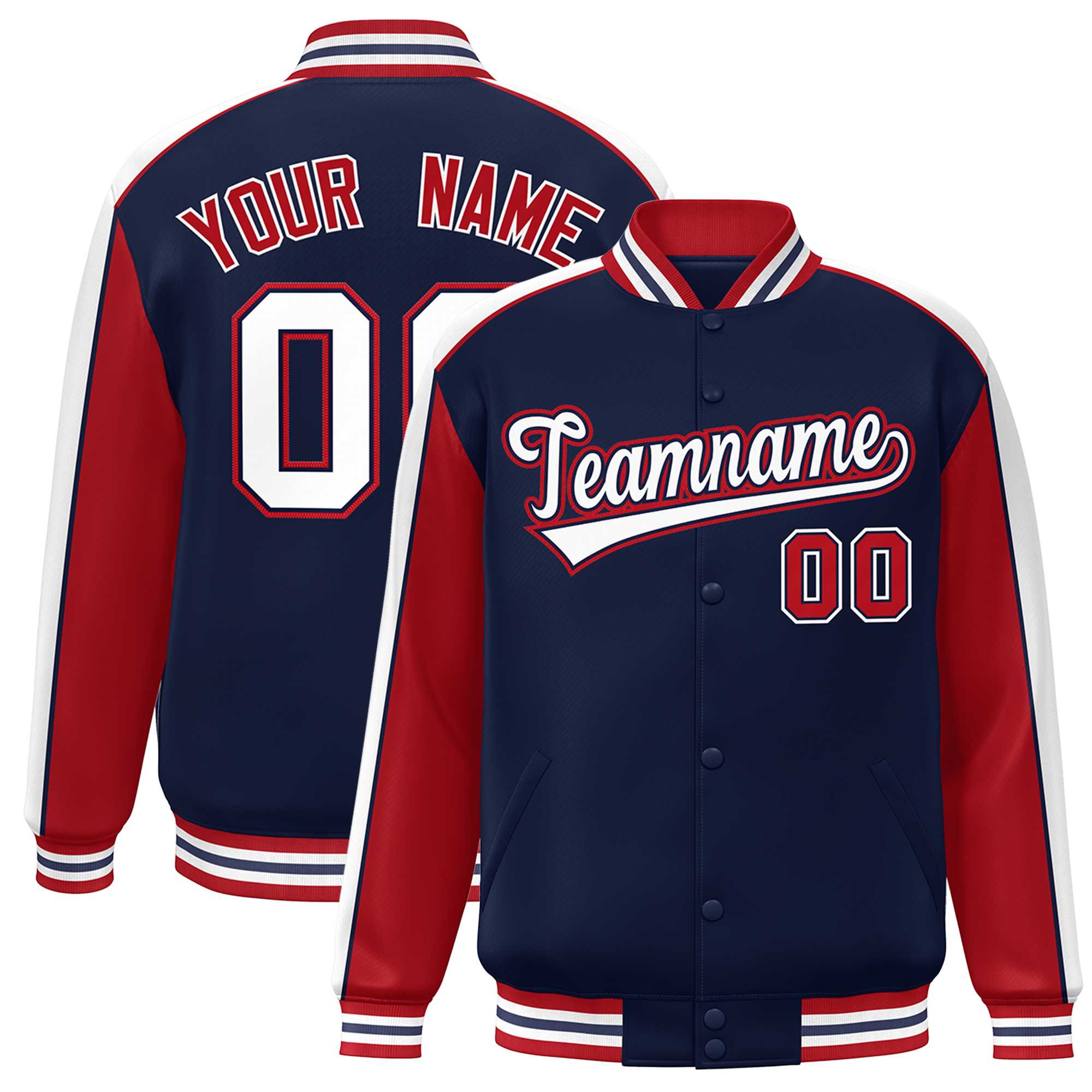 Custom Navy Red-White Color Block Bomber Varsity Full-Snap Baseball Jacket